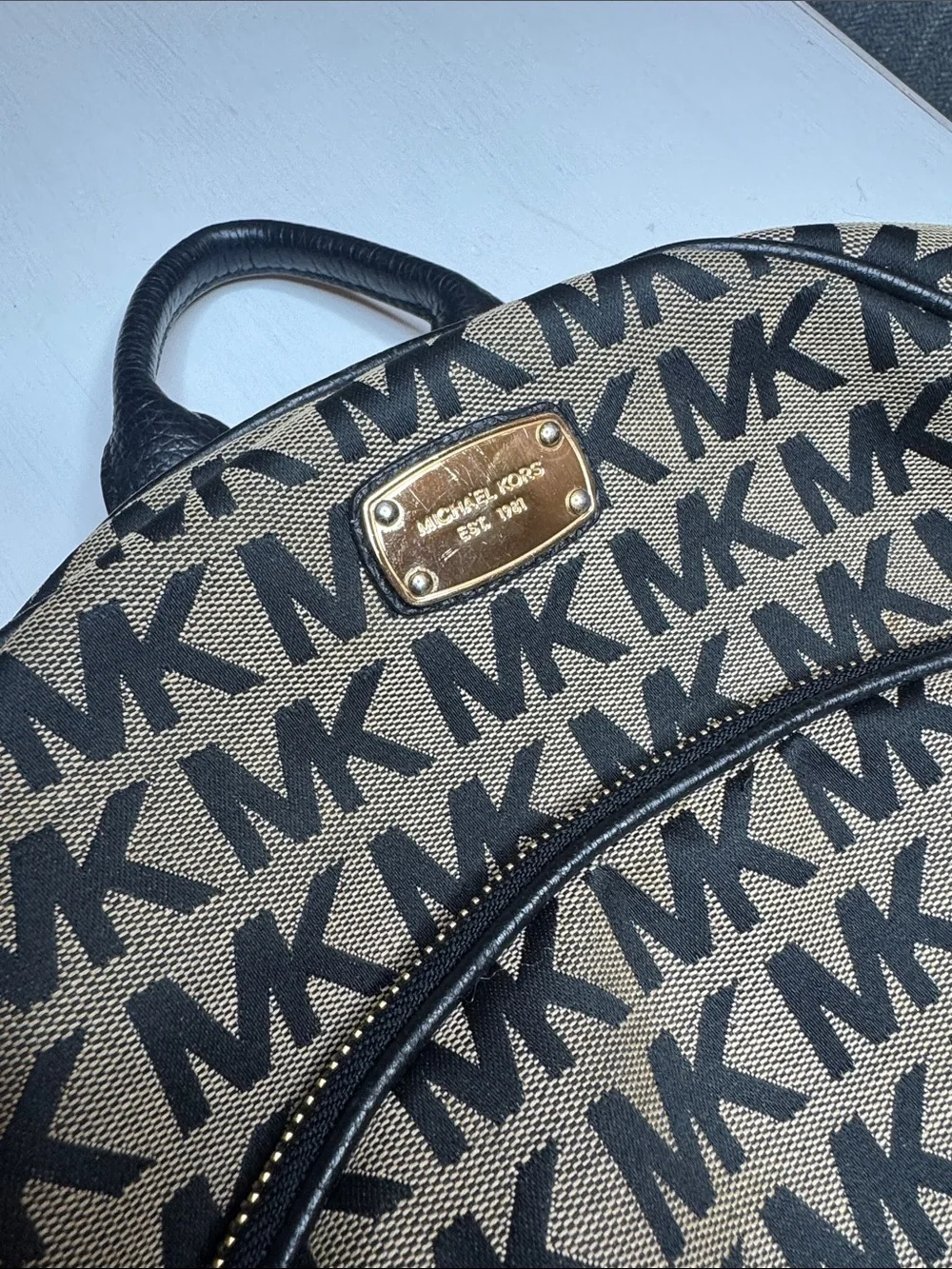 Michael Kors Black and Brown MK Monogram Backpack